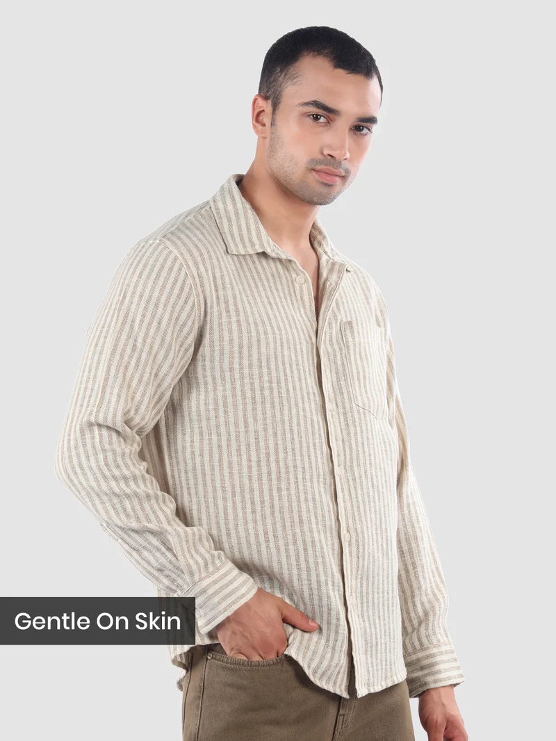 Beyoung Beige Single Stripe Cotton Shirt
