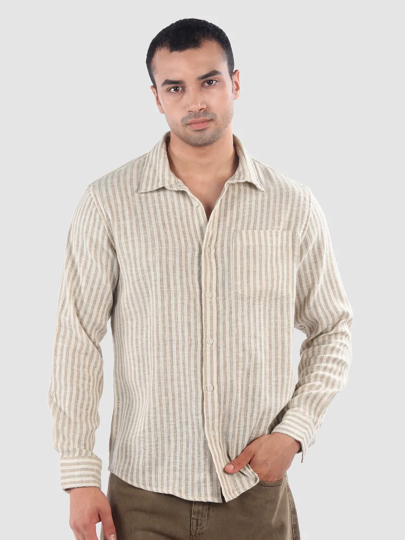 Beyoung Beige Single Stripe Cotton Shirt