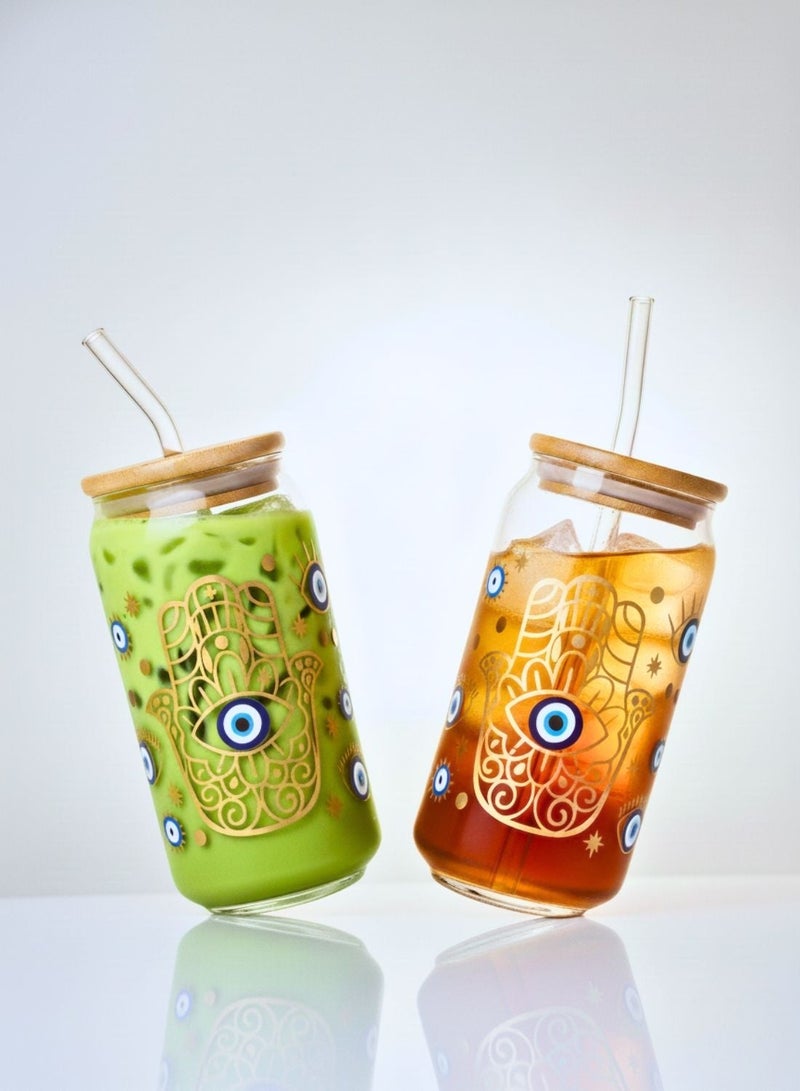 1Chase Set of 2 - 550 ML  Borosilicate Evil Eye Themed Sipper Glasses  with Bamboo Lids & Glass Straws - Image 1