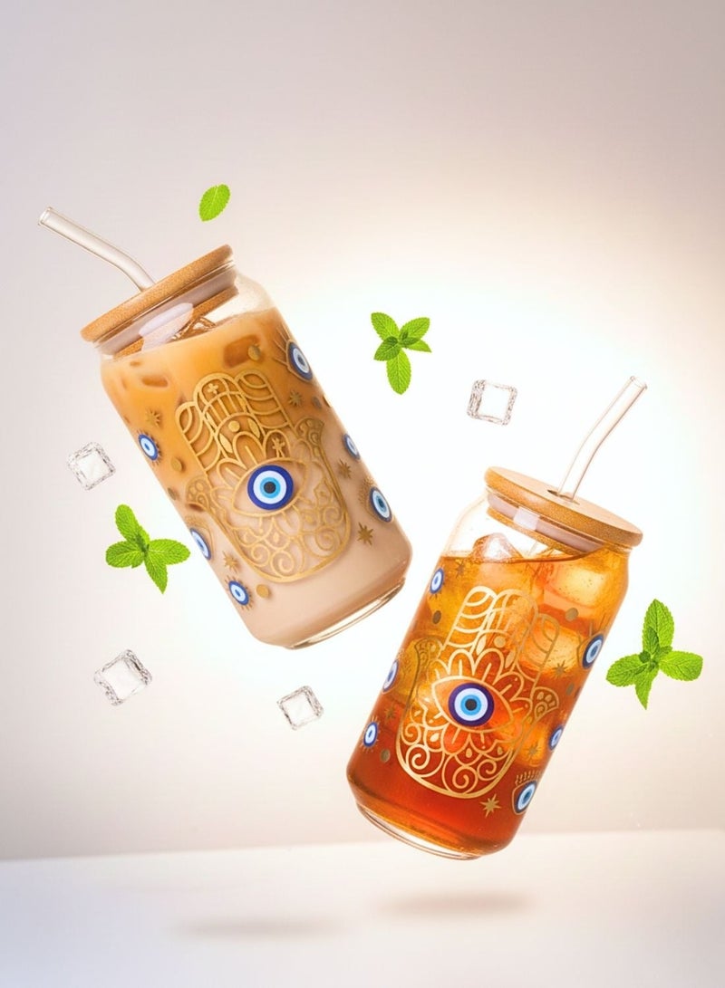 1Chase Set of 2 - 550 ML  Borosilicate Evil Eye Themed Sipper Glasses  with Bamboo Lids & Glass Straws - Image 2