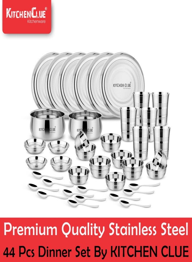KITCHEN CLUE Heavy Guage Quality Stainless Steel Dinner Set for Kitchen (Set of 44 Pcs) Unbreakable & Highly Durable - Exclusive Premium Grade Quality Steel Dinner Plates, Glass, Serving Bowl Set - Image 2