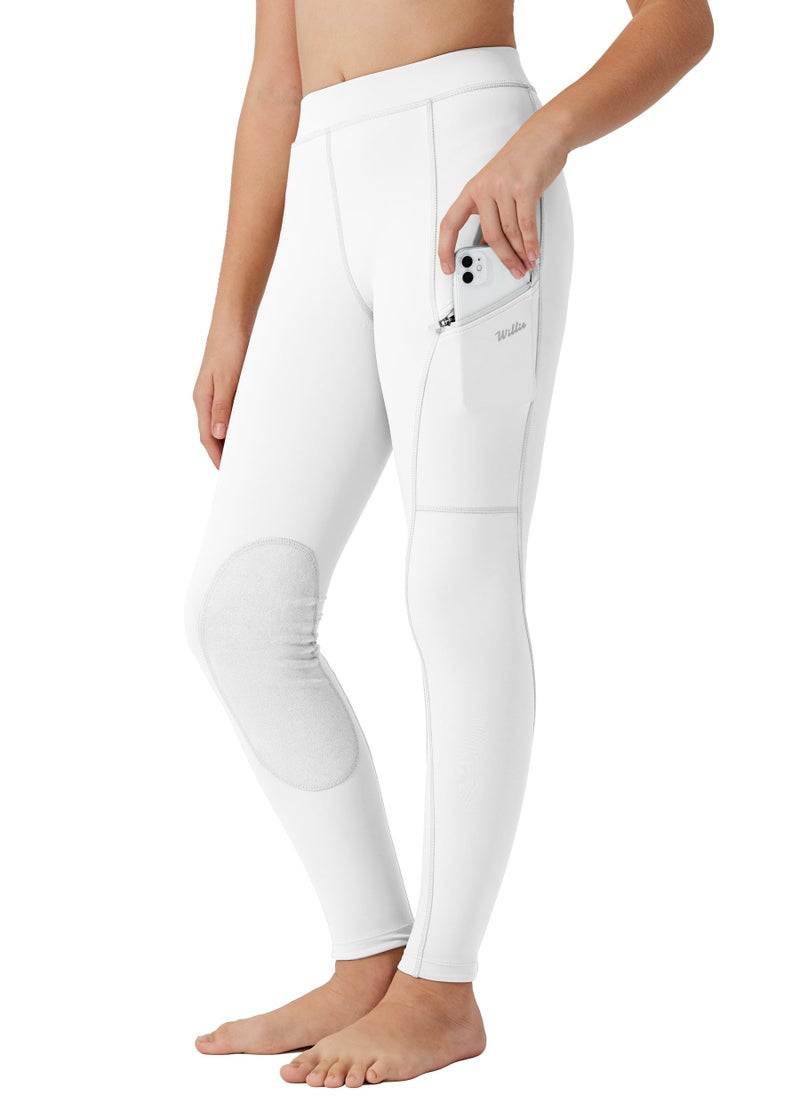 Willit Girls Horse Riding Pants Tights Kids Equestrian Breeches Knee-Patch Youth Schooling Tights Zipper Pockets White M - Image 1