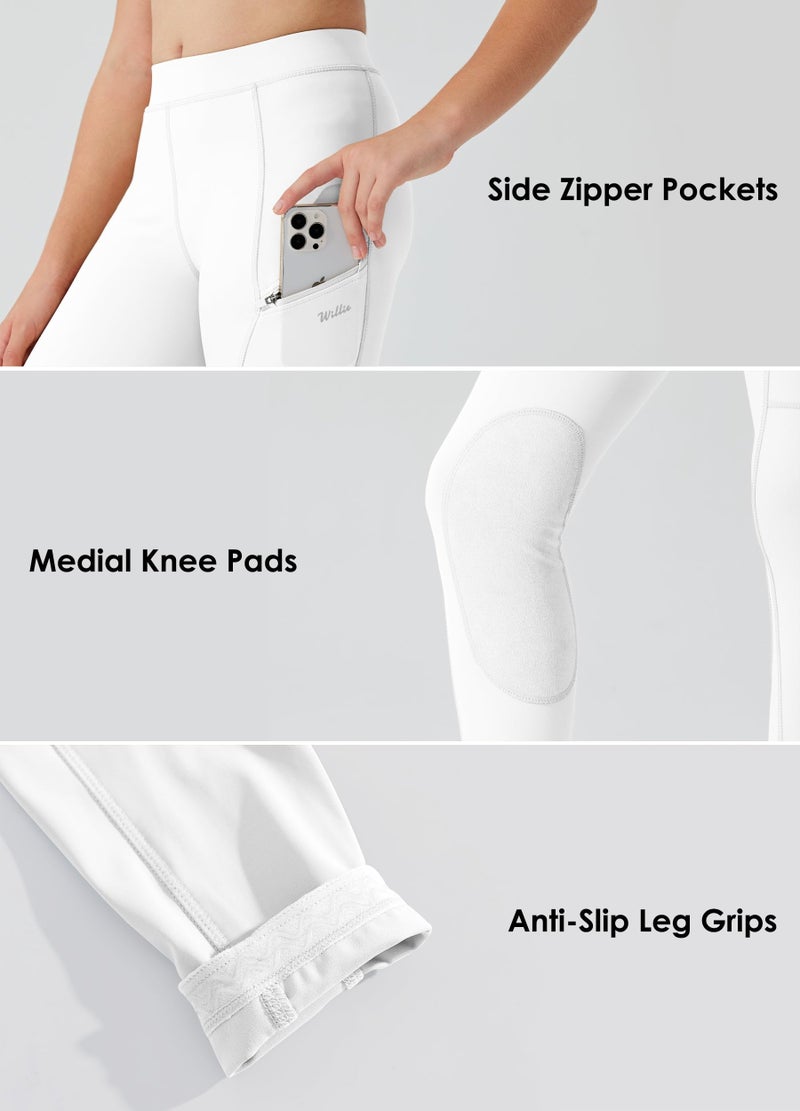 Willit Girls Horse Riding Pants Tights Kids Equestrian Breeches Knee-Patch Youth Schooling Tights Zipper Pockets White M - Image 4