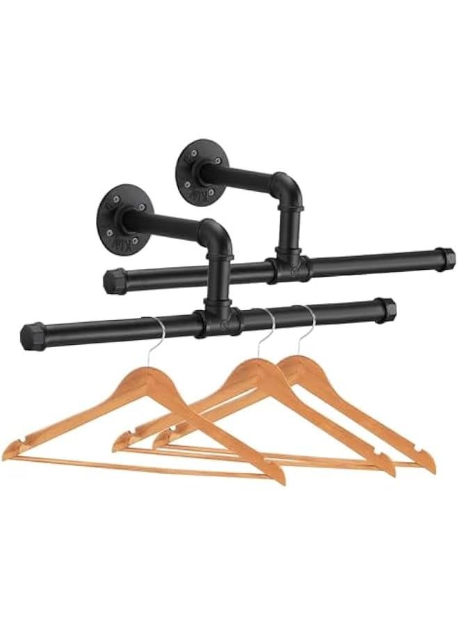 HOOKOR Industrial Pipe Floating Clothing Rack Wall Mounted, Commercial or Residential Wardrobe Clothes Display, Heavy Duty Rustic Vintage Steel Black Metal Garment Bracket Frame (2 Pack)  - Image 1