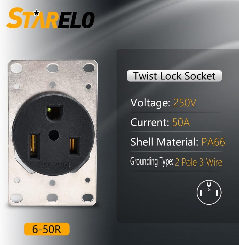 STARELO Flush Mounting Receptacle NEMA 6-50R, 50A 250V 2 Pole 3 Wire Grounding Straight Blade, Heavy Duty Industrial Grade Power Receptacle (6-50R) - Image 3