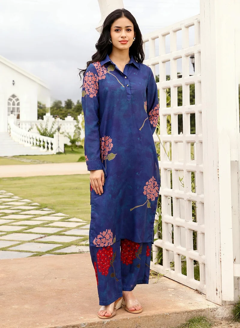  قصة Women's Bloom-Dye Imprint Kurta Set For Ethnic Wear | Spread Collar, Long Cuffed Sleeves | Floral Print Woven Fabric | 2 Piece Kurta Set Designed For Casual & Evening Wear