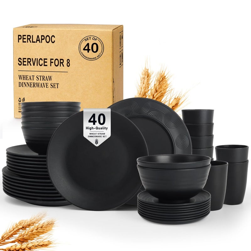 Perlapoc Kitchen Wheat Straw Dinnerware Set 40 PCS Dishes Sets for 8 Plastic Plates Reusable Dinner Plates Cereal Bowls Small Cups Dishwasher & Microwave Safe Unbreakable Dish Set for Picnic RV-Black - Image 1