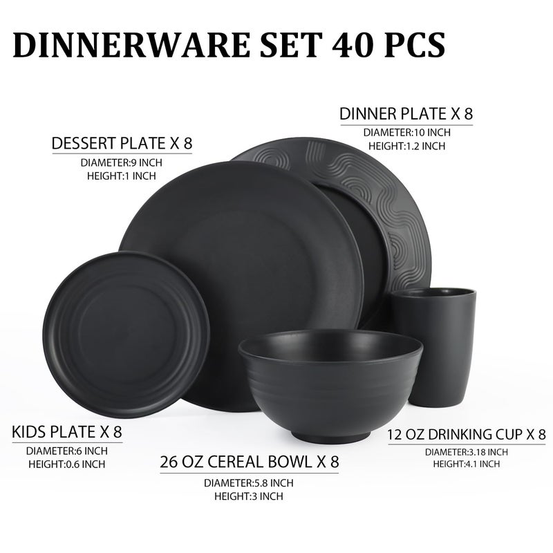 Perlapoc Kitchen Wheat Straw Dinnerware Set 40 PCS Dishes Sets for 8 Plastic Plates Reusable Dinner Plates Cereal Bowls Small Cups Dishwasher & Microwave Safe Unbreakable Dish Set for Picnic RV-Black - Image 2