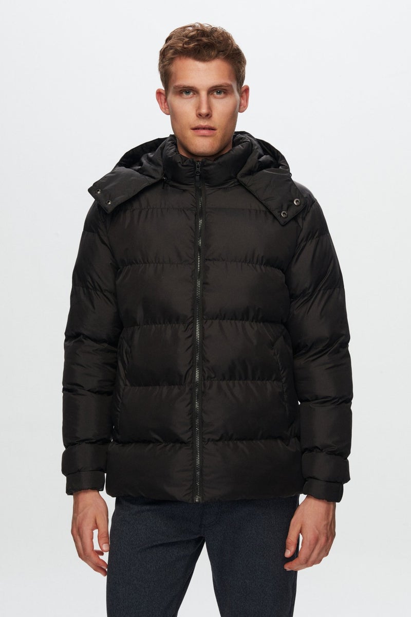 D'S DAMAT Regular Fit Black Windproof Dense Fiber Filled Warm Removable Hooded Winter Coat 1HF07ORT09020  - Image 1