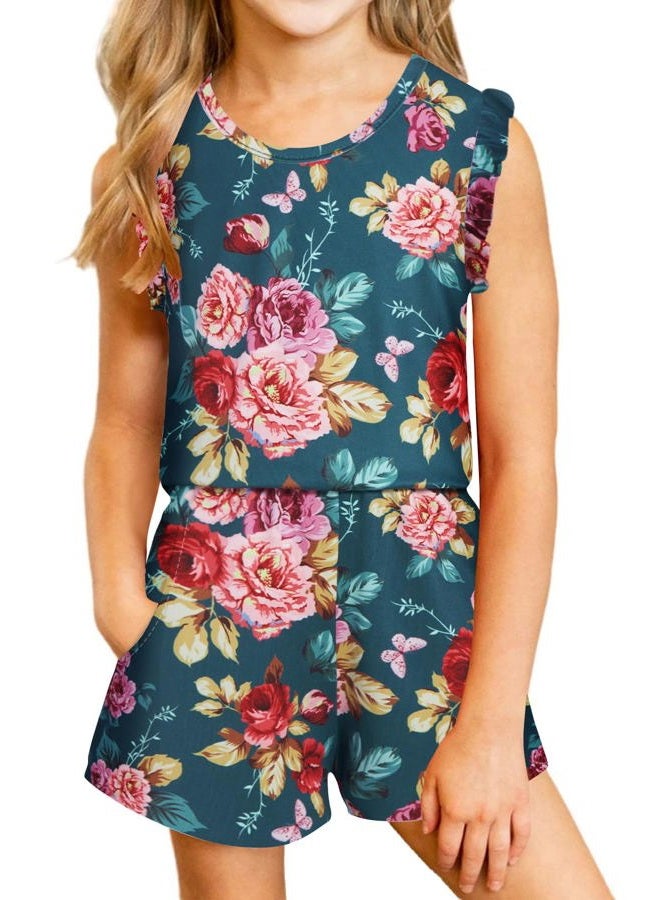 Kimoda Girls Flower Rompers Size 6 7 Ruffle Sleeve Floral Jumpsuits with Side Pockets Summer Outfits for Girls - Image 1