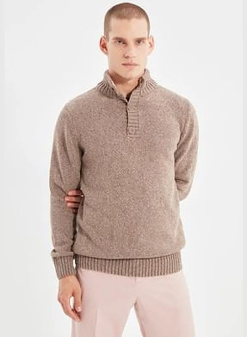 trendyol Men's Mink Slim Fit Half Turtleneck Button Knitwear Sweater