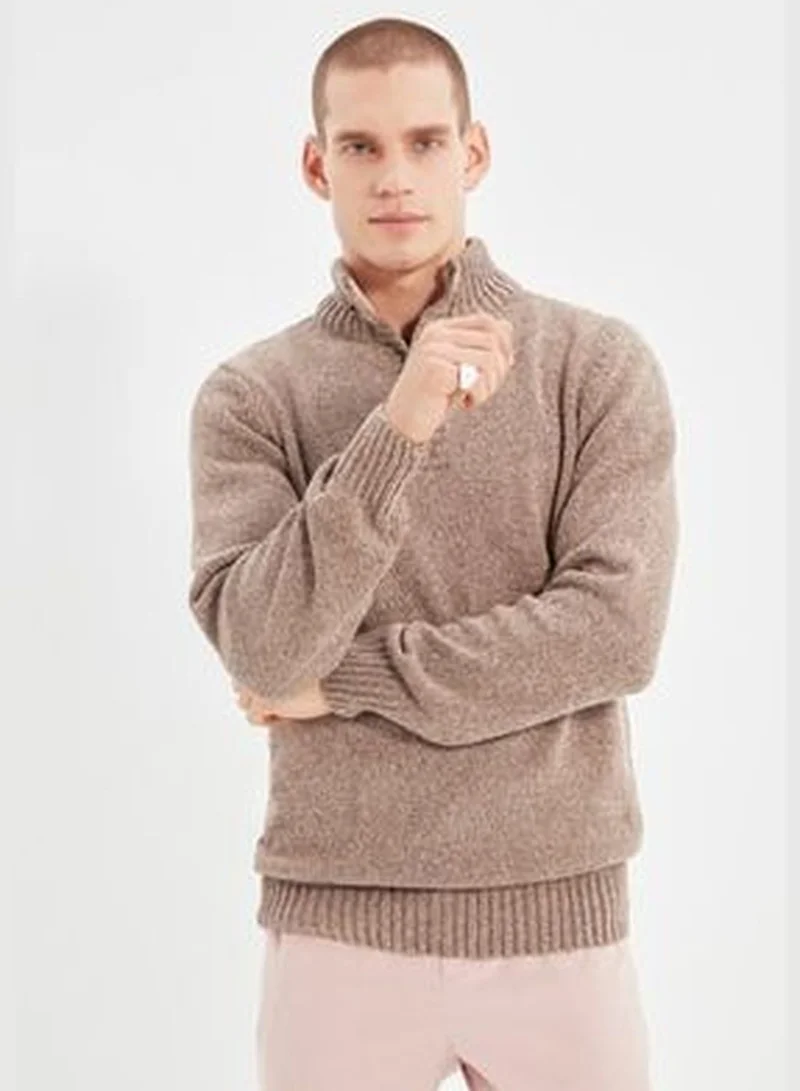 trendyol Men's Mink Slim Fit Half Turtleneck Button Knitwear Sweater