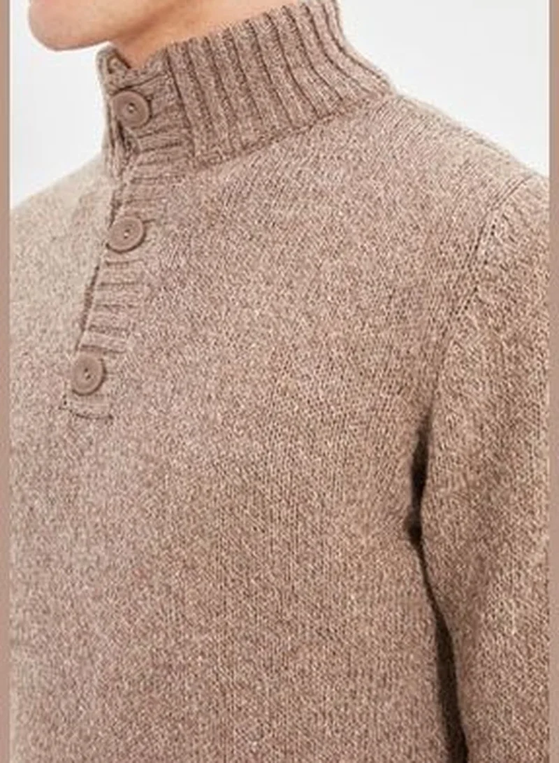 trendyol Men's Mink Slim Fit Half Turtleneck Button Knitwear Sweater
