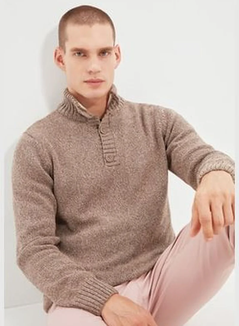 trendyol Men's Mink Slim Fit Half Turtleneck Button Knitwear Sweater