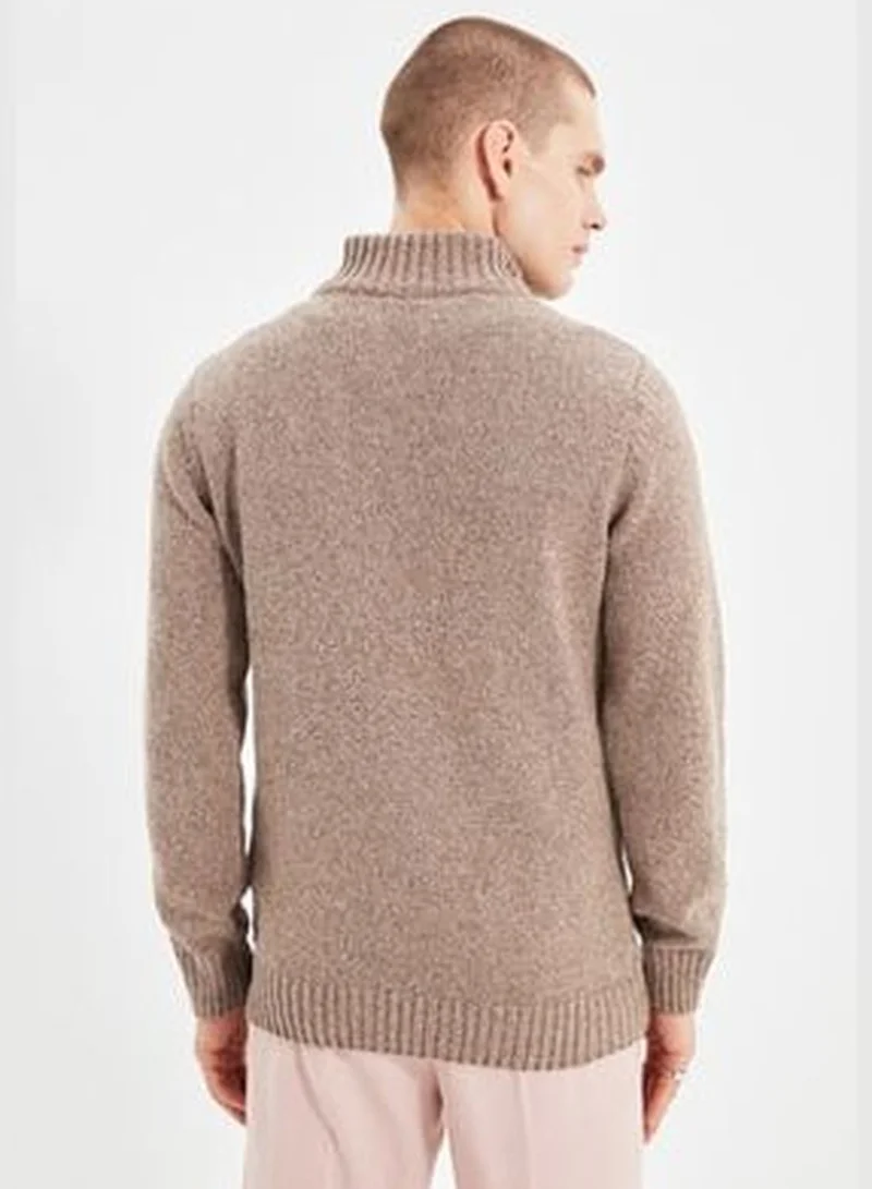 trendyol Men's Mink Slim Fit Half Turtleneck Button Knitwear Sweater