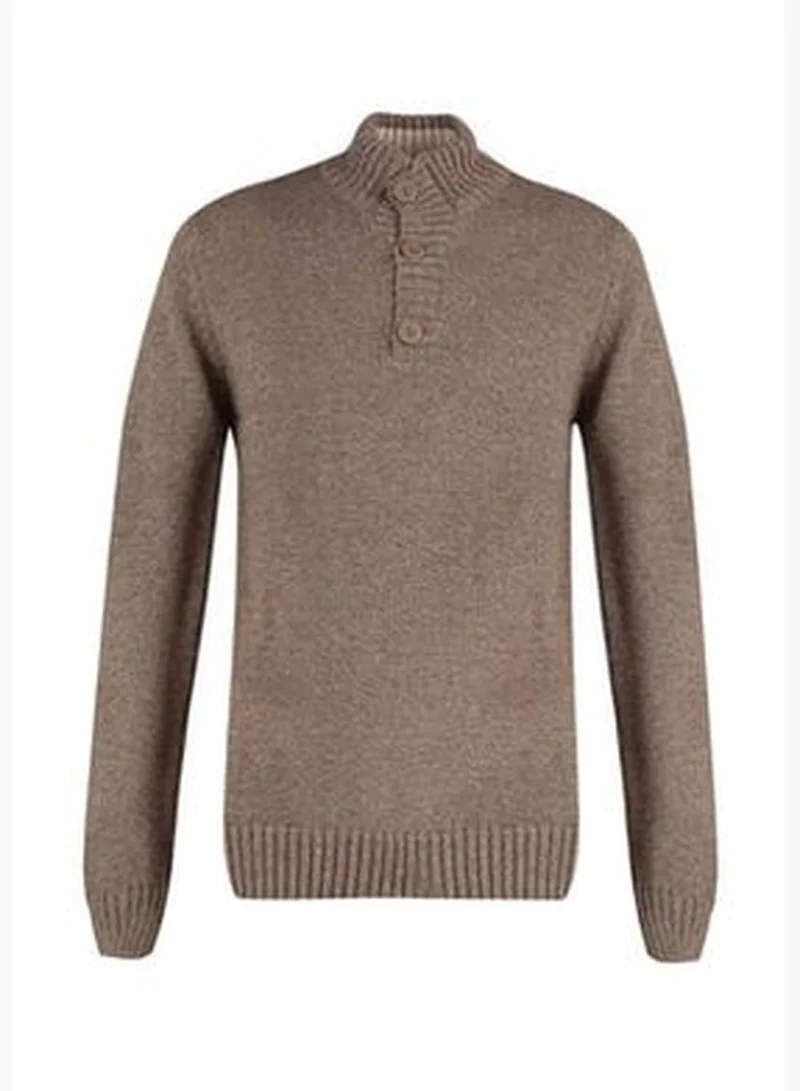 trendyol Men's Mink Slim Fit Half Turtleneck Button Knitwear Sweater