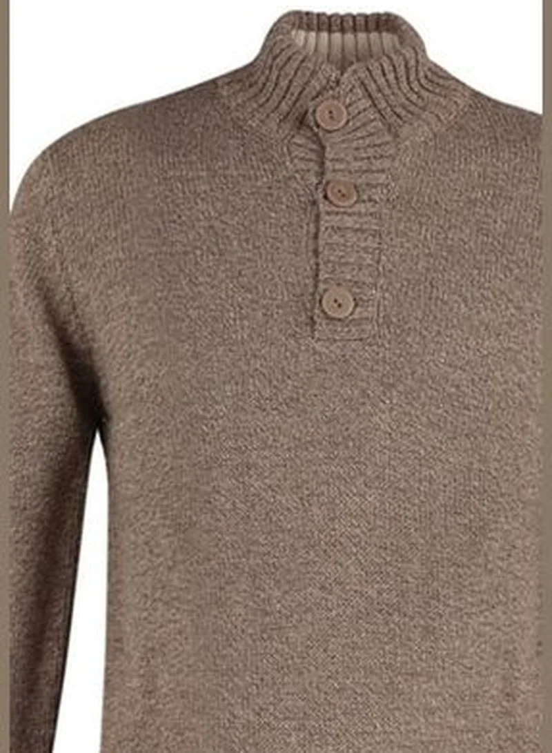trendyol Men's Mink Slim Fit Half Turtleneck Button Knitwear Sweater