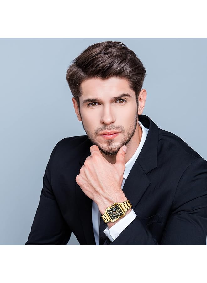 JewelryWe Watches Men Stainless Steel Square Luxury Date Calendar 30 M Waterproof Analogue Quartz Wrist Watch Men Stainless Steel Bracelet Watch With Rectangular Dial And Luminous Hands - Image 2