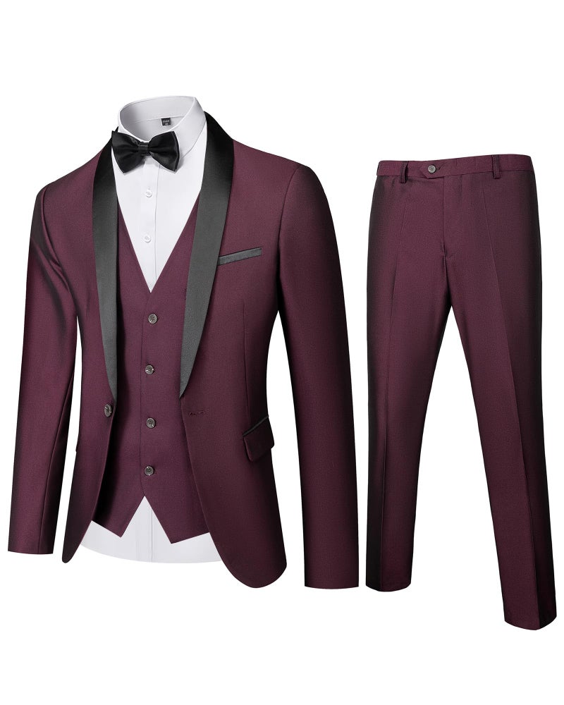 MYS MY'S Mens 3-Piece Suit Shawl Lapel One Button Tuxedo Winter Fabric Slim Fit Dinner Jacket Vest Pants & Tie Set Burgundy - Image 1