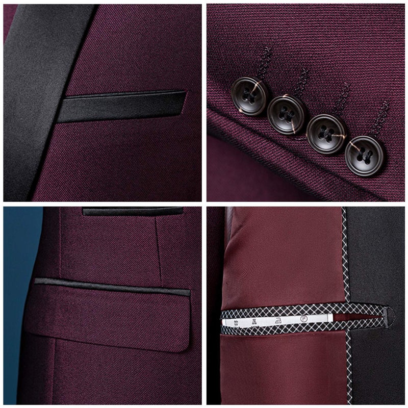 MYS MY'S Mens 3-Piece Suit Shawl Lapel One Button Tuxedo Winter Fabric Slim Fit Dinner Jacket Vest Pants & Tie Set Burgundy - Image 3