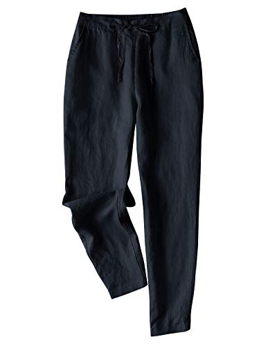 IXIMO Women's Tapered Pants 100% Linen Drawstring Back Elastic Waist Pants Trousers with Pockets Gray Blue XL - Image 1
