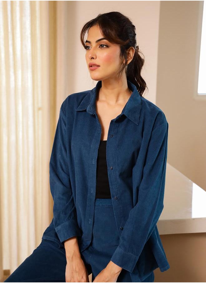 sanskrutihomes - Corduroy Long Sleeve Shirt and Pyjama Pants Set by Styli - Image 1