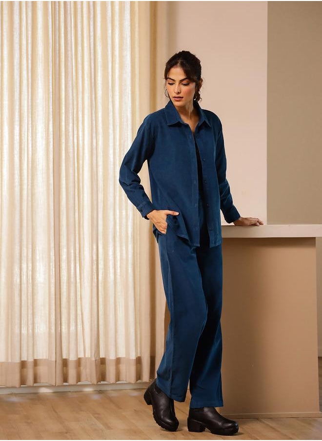 sanskrutihomes - Corduroy Long Sleeve Shirt and Pyjama Pants Set by Styli - Image 1