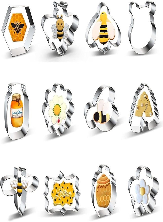 azflyife Bee Cookie Cutters Set Small Mini - 3 Inch - 12 Pieces Stainless Steel Biscuit Mold Cutter with Bee, Hexagon Honeycomb, Beehive, Flower, Honey Jar, Plaque Frame, Cartoon Bear Head Shapes Cookie Cutter - Image 1