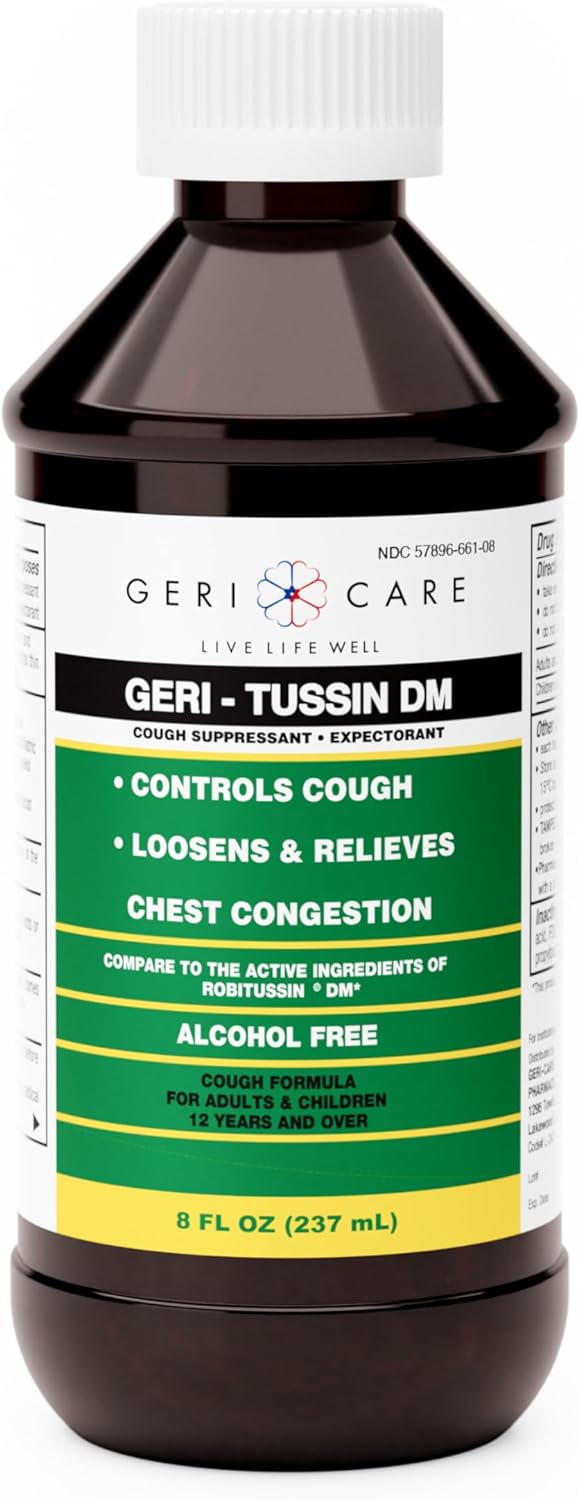 GeriCare GeriCare Geri-Tussin DM Liquid Cold Cough Syrup 2-in-1 Maximum Strength Cough Suppressant Dextromethorphan & Expectorant Guaifenesin| Non-Drowsy Cough Relief Syrup & Chest Decongestant| 8 Fl Oz 