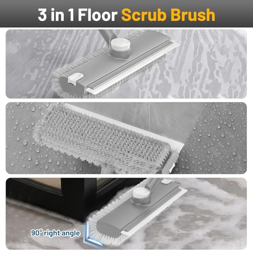 EHADOO Floor Scrub Brush with Long Handle: 3 in 1 Heavy-Duty Floor Scrubber Brush with Squeegee for Cleaning Tile Bathroom Deck Kitchen Patio - Gray - Image 2
