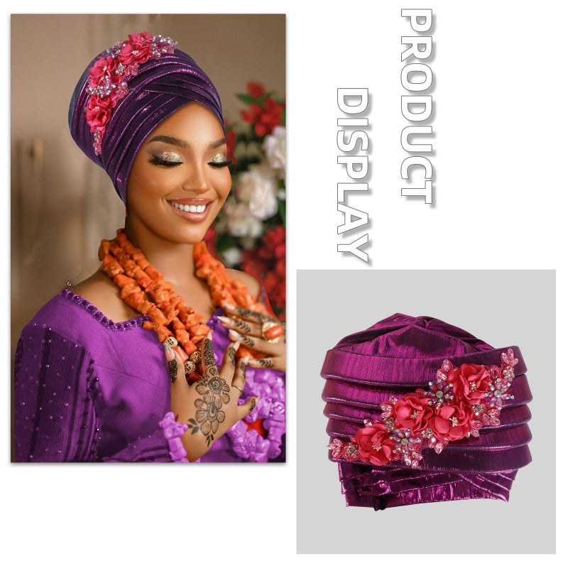 New Beauty Strip Bright Silk Wrinkled Appliqué Multi-Layer Exaggerated Toe Cap African Hat Muslim Turban Hat - Image 4