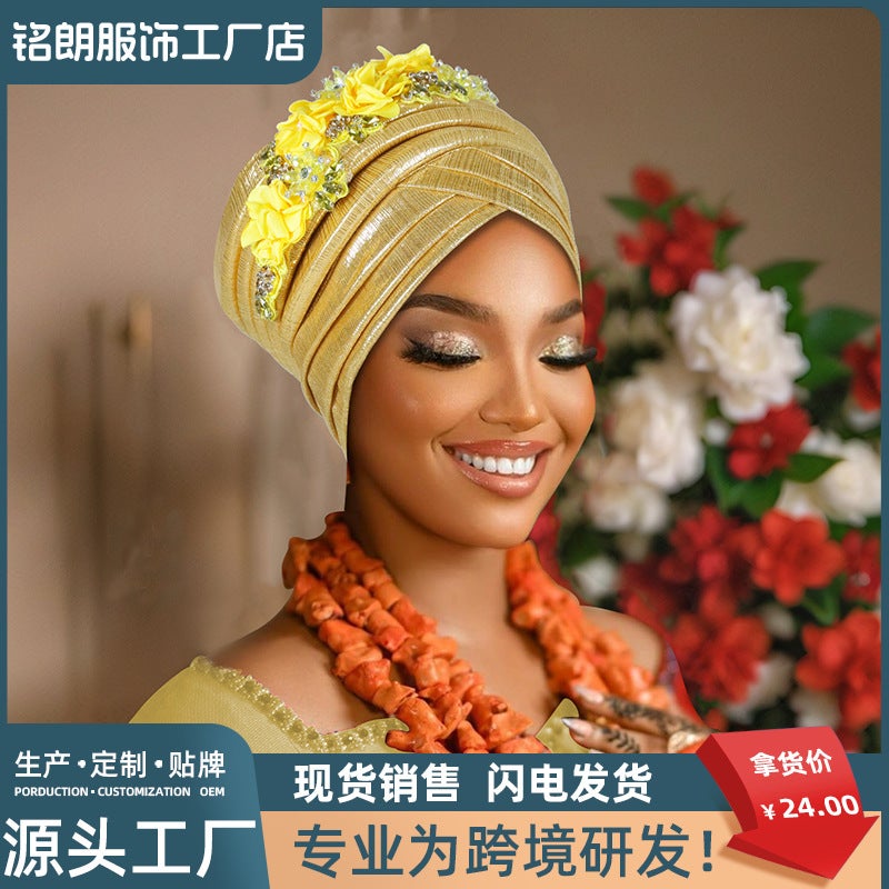 New Beauty Strip Bright Silk Wrinkled Appliqué Multi-Layer Exaggerated Toe Cap African Hat Muslim Turban Hat - Image 2