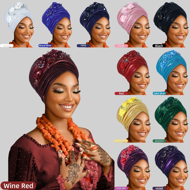 New Beauty Strip Bright Silk Wrinkled Appliqué Multi-Layer Exaggerated Toe Cap African Hat Muslim Turban Hat - Image 3