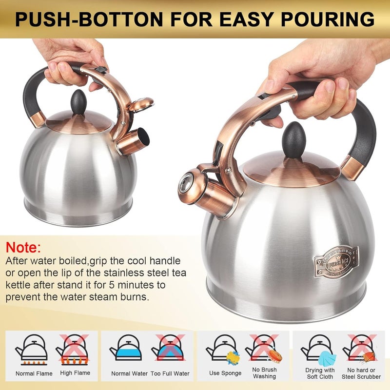 LUXGRACE 3Quart Whistling Tea Kettle Classic Teapot Stainless Steel Teakettle with Cool Grip for Stovetop - Image 5