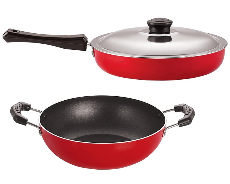 Nirlon 3 Layer Nonstick Coating Aluminium Cookware Combo Gift Set of Fry Pan32 LTR Kadhai12 LTR ColorRed - Image 1