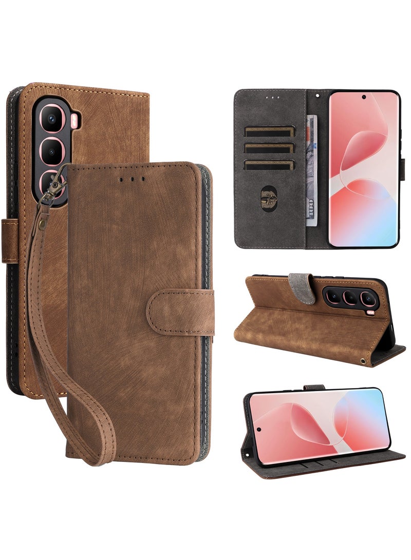 For Infinix Hot 60 Pro Plus Flip Cover with Detachable Lanyard, PU Leather Full Body Protection Shockproof Flip Mobile Phone Case, RFID Anti-theft Brush Folio Wallet Case - Image 1