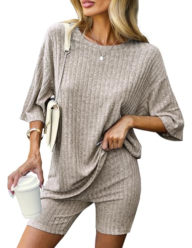 Ekouaer Pajamas 2 Piece Lounge Sets Ribbed Knit Matching Outfits T-shirt Biker Shorts Sleepwear Loungewear Sweatsuits Camel Large - Image 1