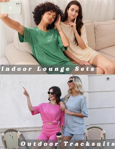 Ekouaer Pajamas 2 Piece Lounge Sets Ribbed Knit Matching Outfits T-shirt Biker Shorts Sleepwear Loungewear Sweatsuits Camel Large - Image 5