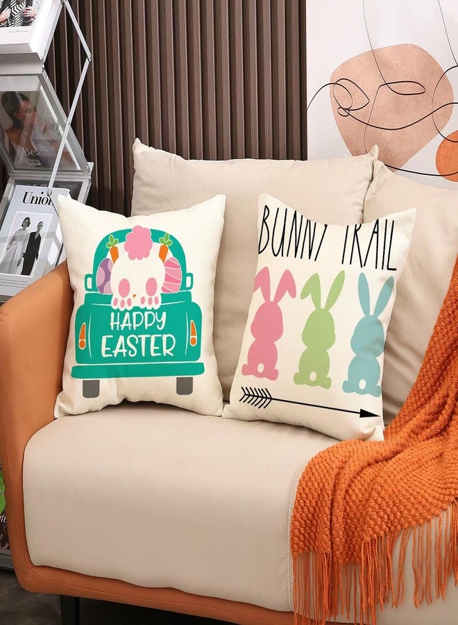 Hongsome Easter Decor-Throw Pillow Covers 18x18in Set of 4,Spring Linen Pillow Case with Bunny and Egg for Large Couch Sofa Home Indoor Outdoor Holiday Home Decorations - Image 4