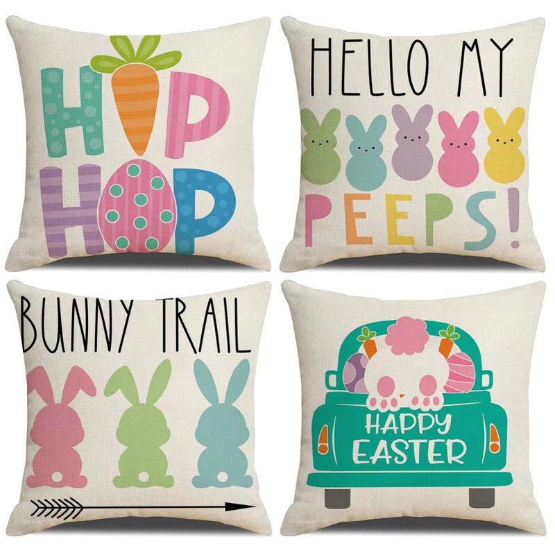 Hongsome Easter Decor-Throw Pillow Covers 18x18in Set of 4,Spring Linen Pillow Case with Bunny and Egg for Large Couch Sofa Home Indoor Outdoor Holiday Home Decorations - Image 1
