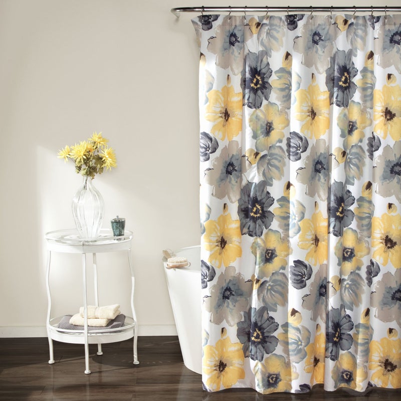 Lush Decor Leah Floral Shower Curtain, 72" W x 72" L, Yellow & Gray - Pretty Yellow Shower Curtain - Spring Decor - Colorful Blooming Flowers - Country Cottage & Farmhouse Bathroom Decor - Image 1