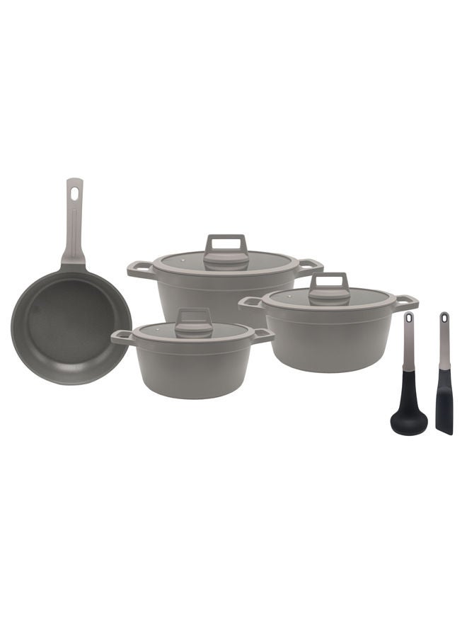 بروسيلا طقم قدور طهي مكوّن من 9 قطع من الألومنيوم المصبوب غير لاصق – رمادي يحتوي الطقم على: قدر 28 سم، قدر 24 سم، قدر 20 سم، مقلاة 26 سم، وأداتي مطبخ. - Image 2