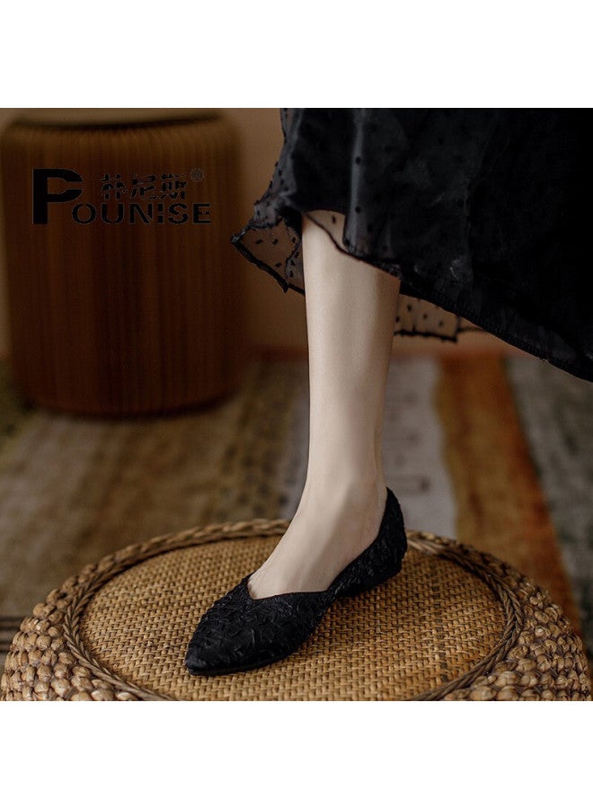 Pounise أحذية نسائية فردية طراز كوري متعددة الاستخدامات أنيقة فم ضحيل مقاس كبير مسطحة ناعمة مقاس صغير أحذية نسائية Pqm-07 أسود 36/230 - Image 3
