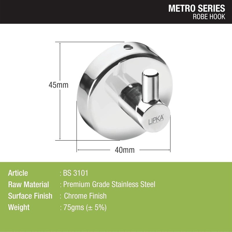 Lipka Lipka Robe Hook from Metro Series Premium Stainless Steel Door Hook Cloth Hanger for Bathrooms Dressing Rooms Kitchens Towel Holder with Glossy Finish  - Image 4