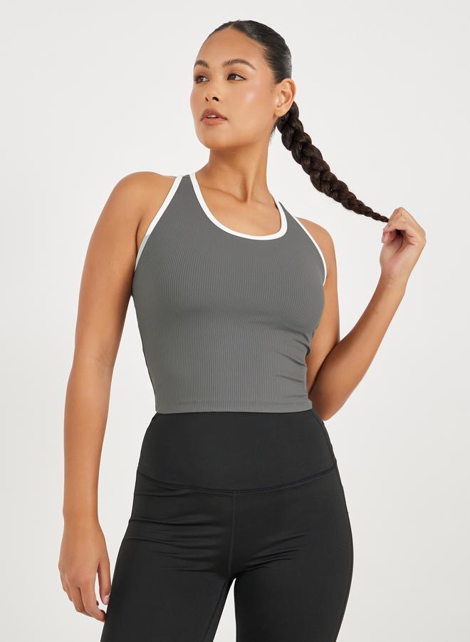 Styli Ribbed Racerback Longline Sports Bra with Contrast Piping - Image 1
