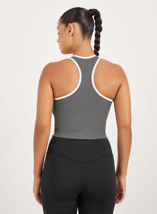 Styli Ribbed Racerback Longline Sports Bra with Contrast Piping - Image 4