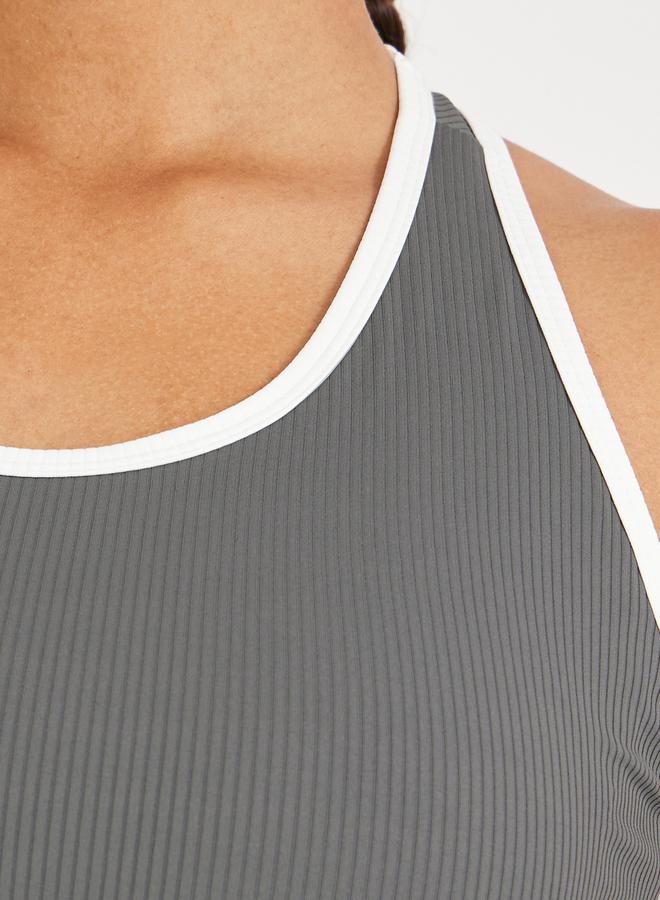 Styli Ribbed Racerback Longline Sports Bra with Contrast Piping - Image 3