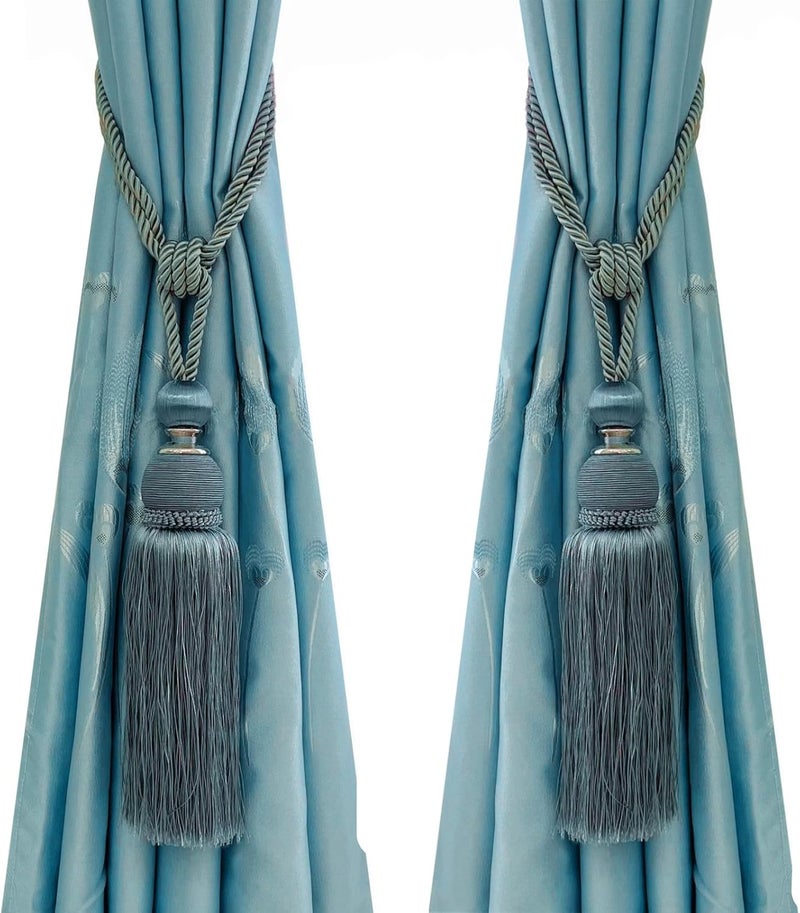 SWTool Selling Wonderful Curtain Holdbacks Curtains Tiebacks Home Decorative Braided Buckle Fastener Accessories Window Drapery Ball Tassels Tiebacks, Set of 2 (Gray Blue) - Image 1