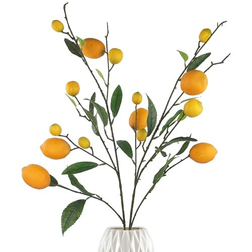 Rinlong 2Pcs Artificial Lemon Branches for Kitchen Party Decoration Yellow Fake Lemon Decor Farmhouse Style Home Table Centerpiece