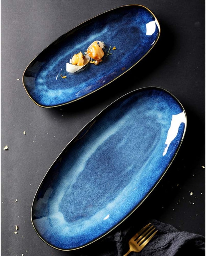Cabilock Serving Platter Dishes Oval Dinner Plates Ceramic Serving Ware Party Trays Food Oven Safe for Turkey Meat Fish Appetizers Sushi Dessert Blue S - Image 3